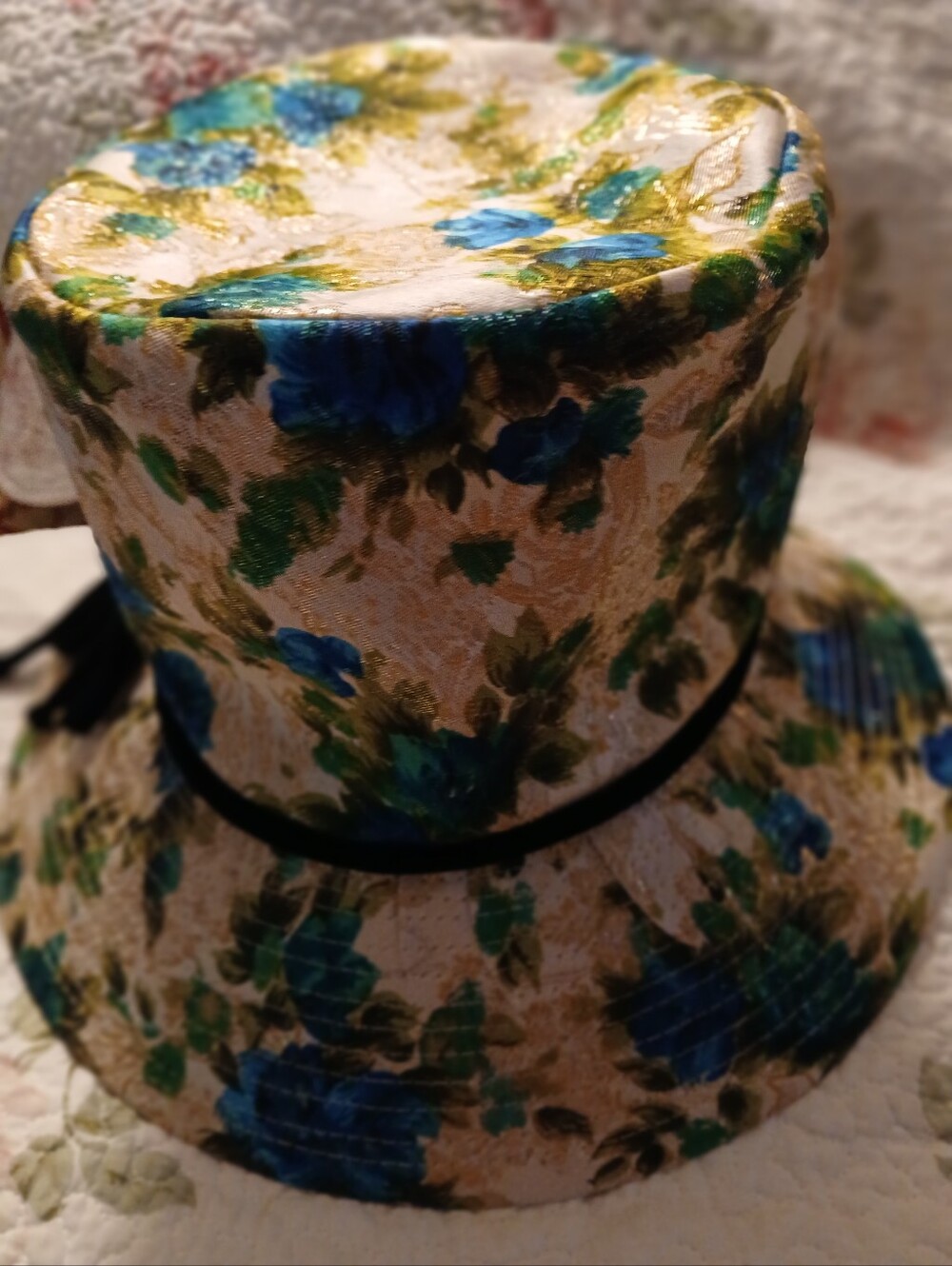Fabulous Vintage Floral Brocade Bucket Hat with Ribbon 1960s Or Earler